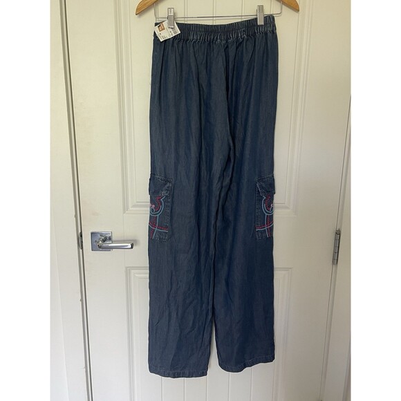 Johnny Was Workshop Embroidered Wide Leg High Elastic Waist Pants Denim Blue XS - Picture 4 of 11